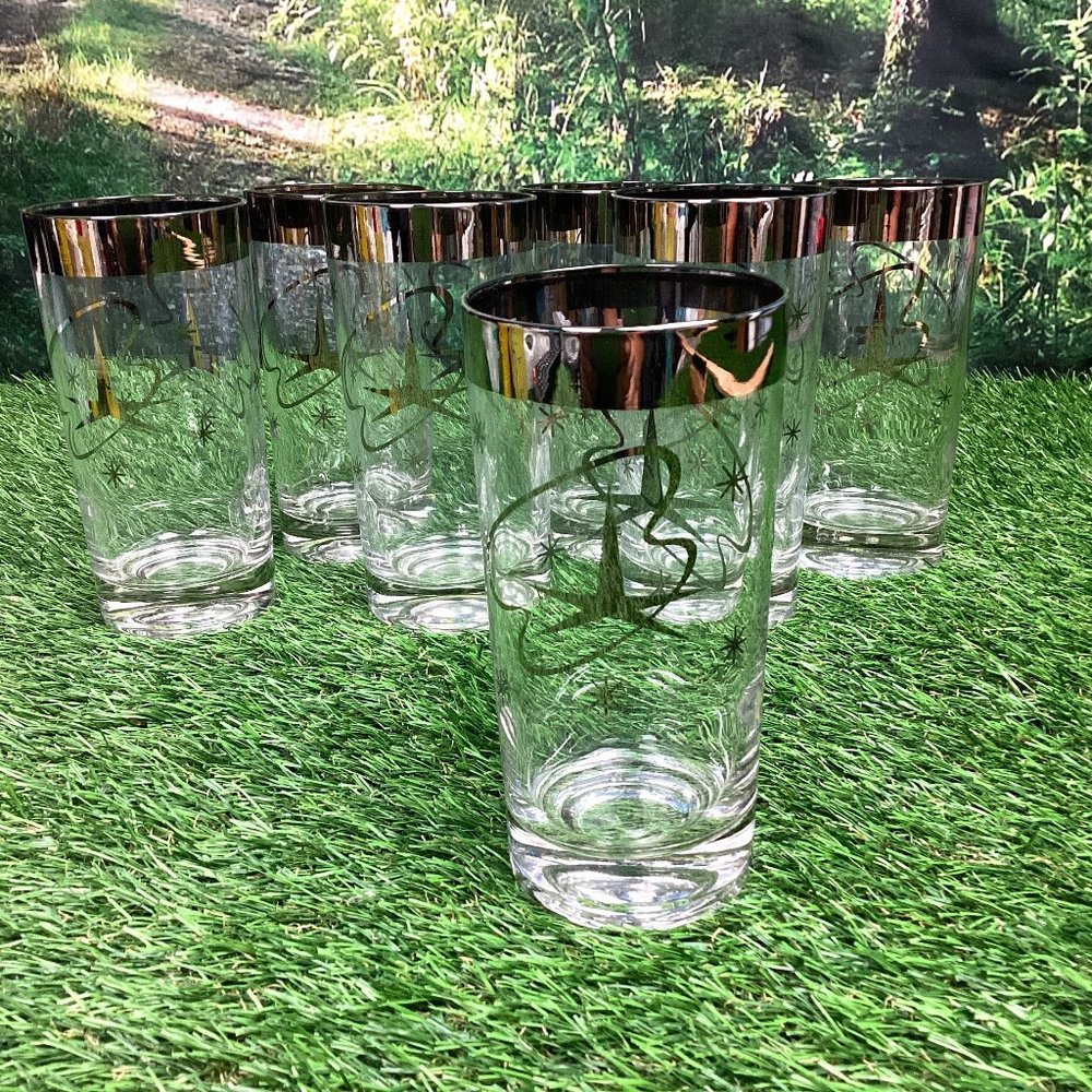 Vintage Atomic Highball Glasses with Silver Star and Streamer Design